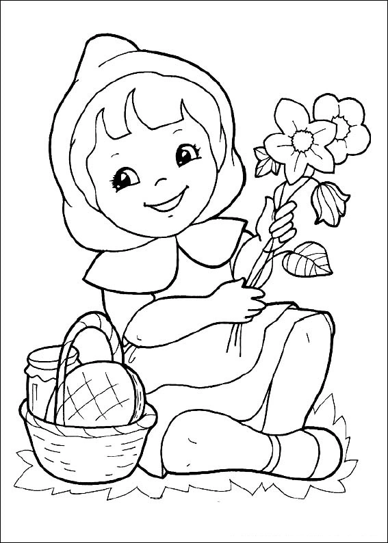 Coloring page smiling girl in a red riding hood costume